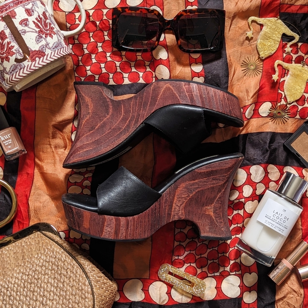 Vintage Steve Madden "July" Wood Platform Leather Open Toe Mule Heels - Sz 7